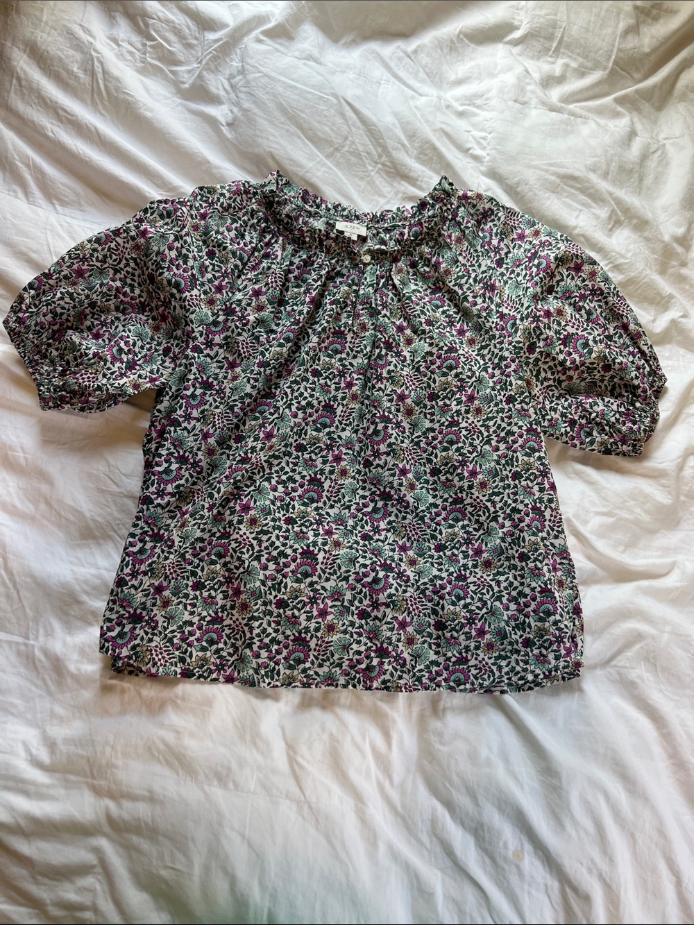 J. Crew Women’s Floral Puff-Sleeve Blouse in Green and Purple